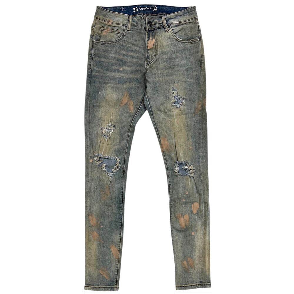 Crysp Denim Men's Distressed Rip Vintage Wash Paint Splatter Skinny Fit Jeans